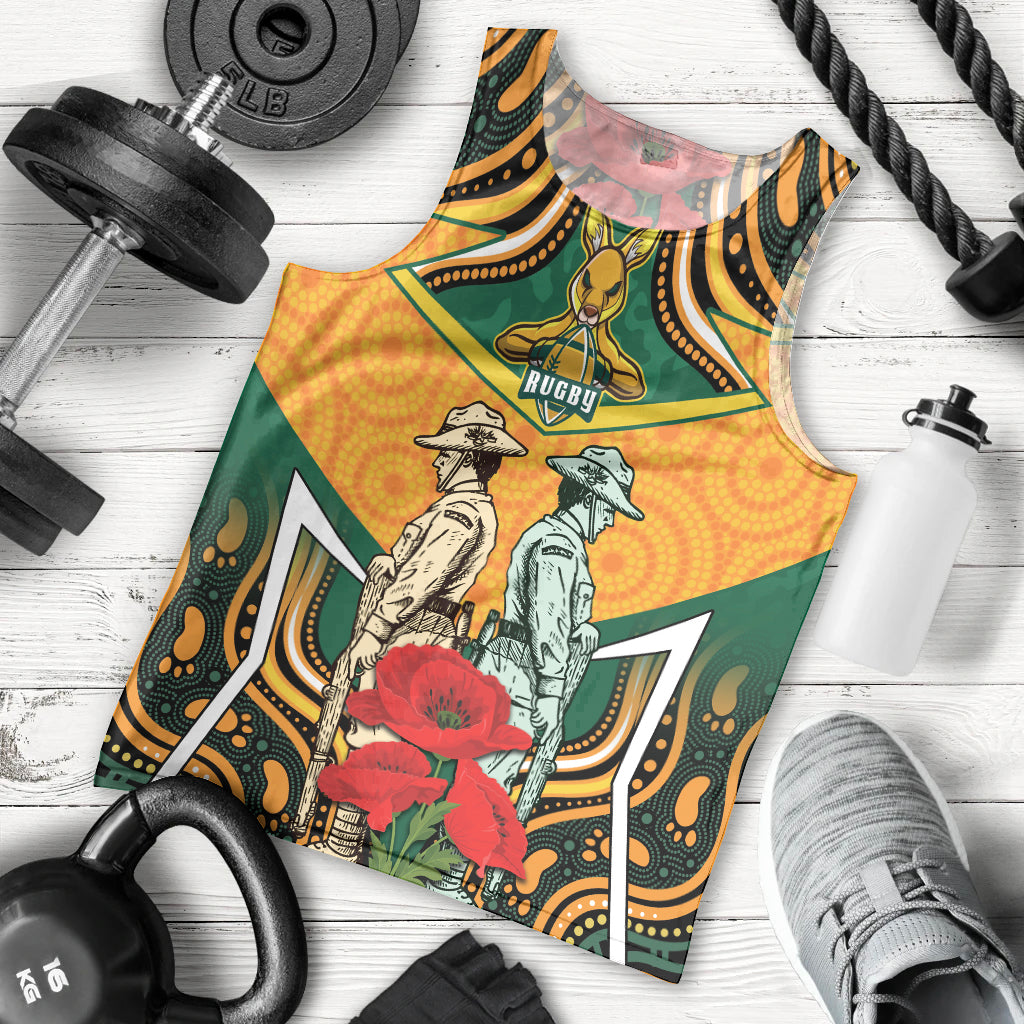 Australia Wallabies Rugby ANZAC Custom Men Tank Top Poppy Soldier With Aboriginal Dots Art