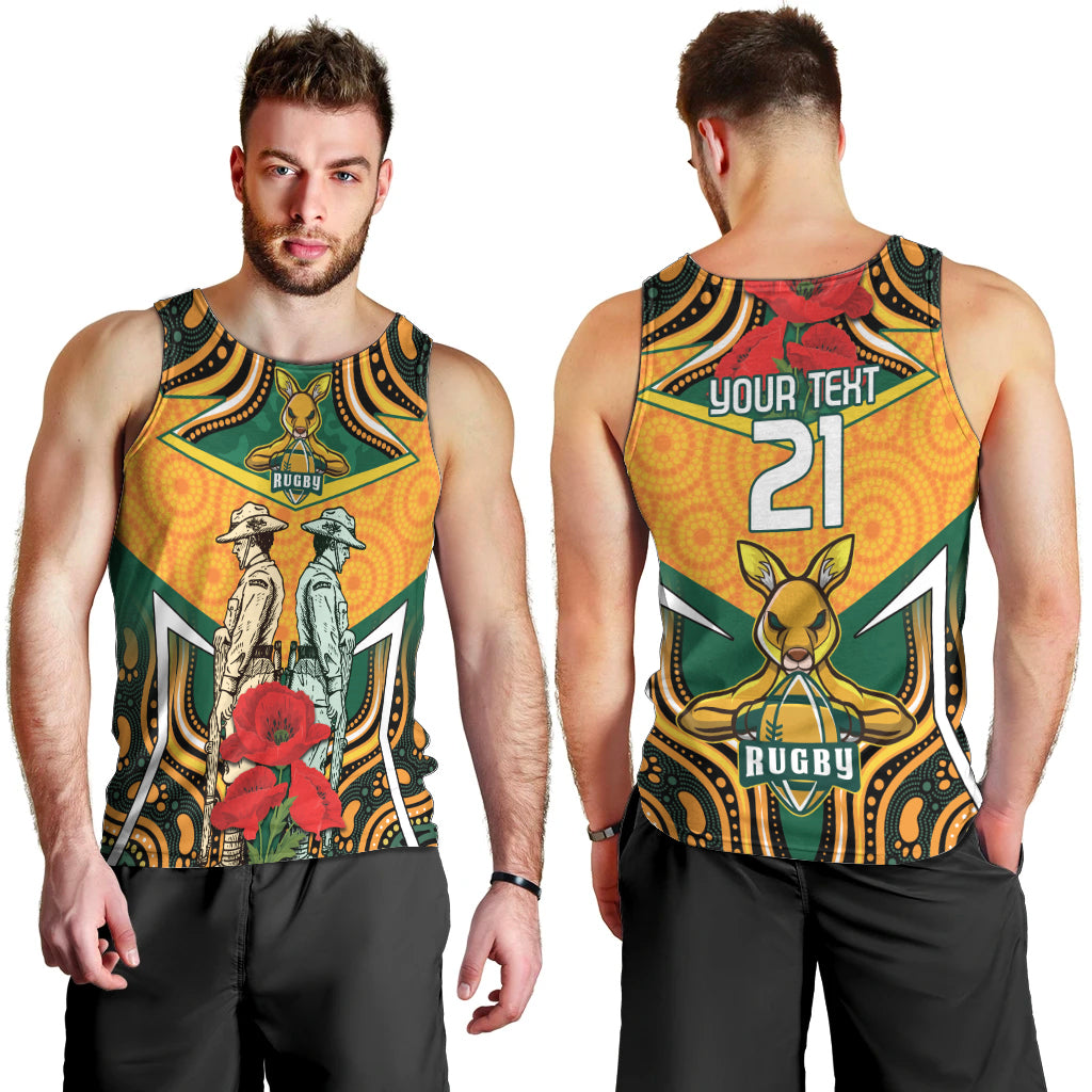 Australia Wallabies Rugby ANZAC Custom Men Tank Top Poppy Soldier With Aboriginal Dots Art