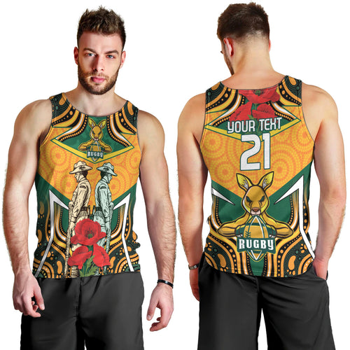 Australia Wallabies Rugby ANZAC Custom Men Tank Top Poppy Soldier With Aboriginal Dots Art