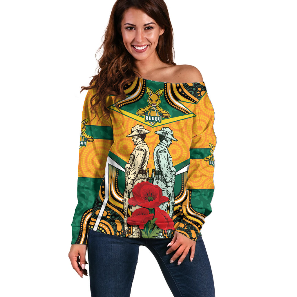 Australia Wallabies Rugby ANZAC Custom Off Shoulder Sweater Poppy Soldier With Aboriginal Dots Art