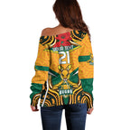 Australia Wallabies Rugby ANZAC Custom Off Shoulder Sweater Poppy Soldier With Aboriginal Dots Art