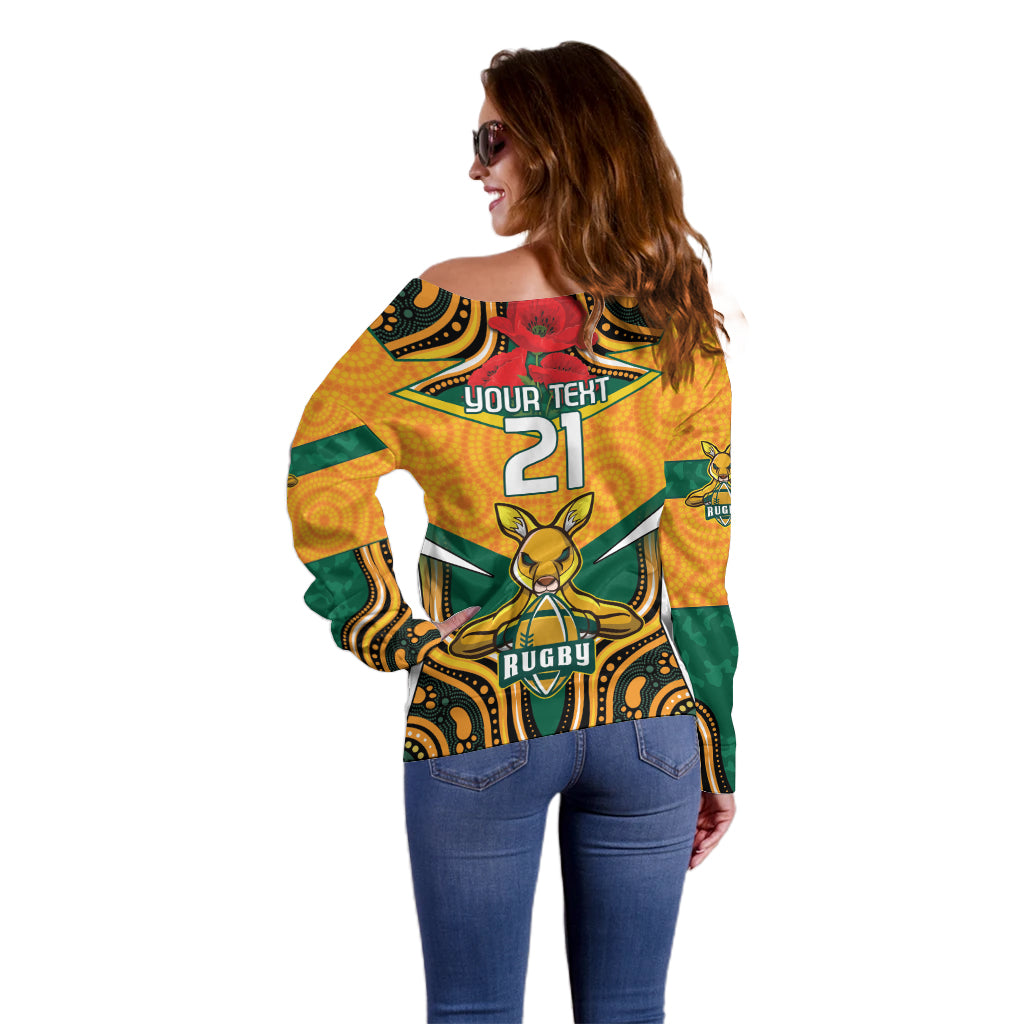 Australia Wallabies Rugby ANZAC Custom Off Shoulder Sweater Poppy Soldier With Aboriginal Dots Art