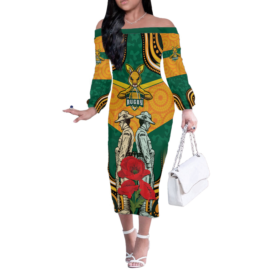 Australia Wallabies Rugby ANZAC Custom Off The Shoulder Long Sleeve Dress Poppy Soldier With Aboriginal Dots Art
