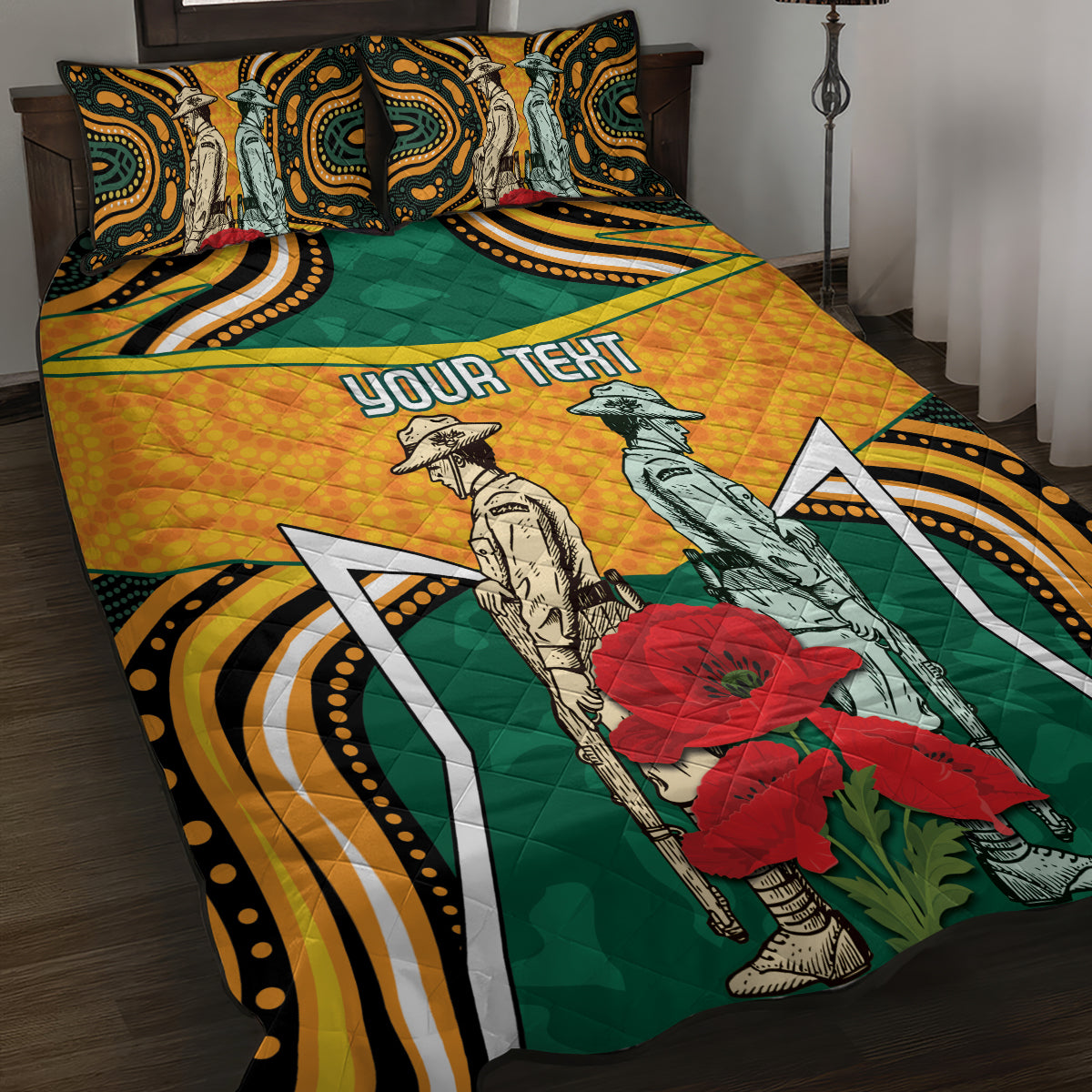 Australia Wallabies Rugby ANZAC Custom Quilt Bed Set Poppy Soldier With Aboriginal Dots Art