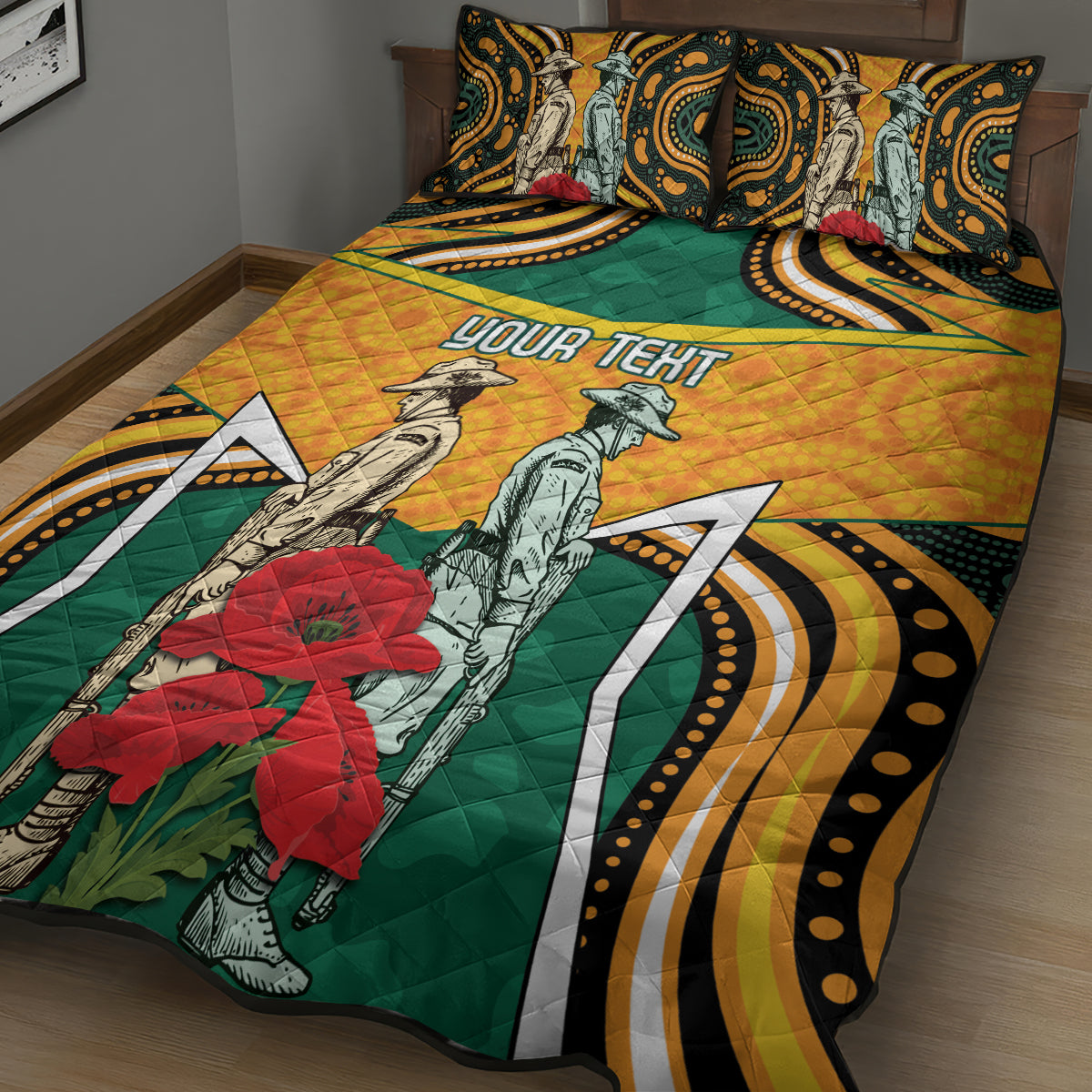 Australia Wallabies Rugby ANZAC Custom Quilt Bed Set Poppy Soldier With Aboriginal Dots Art