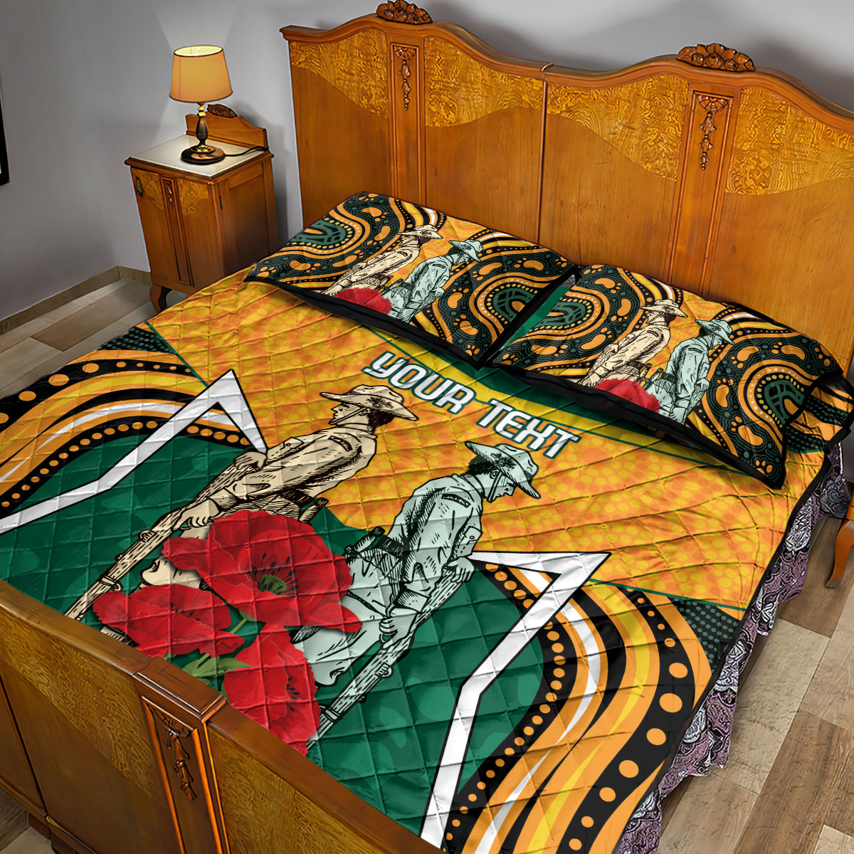 Australia Wallabies Rugby ANZAC Custom Quilt Bed Set Poppy Soldier With Aboriginal Dots Art