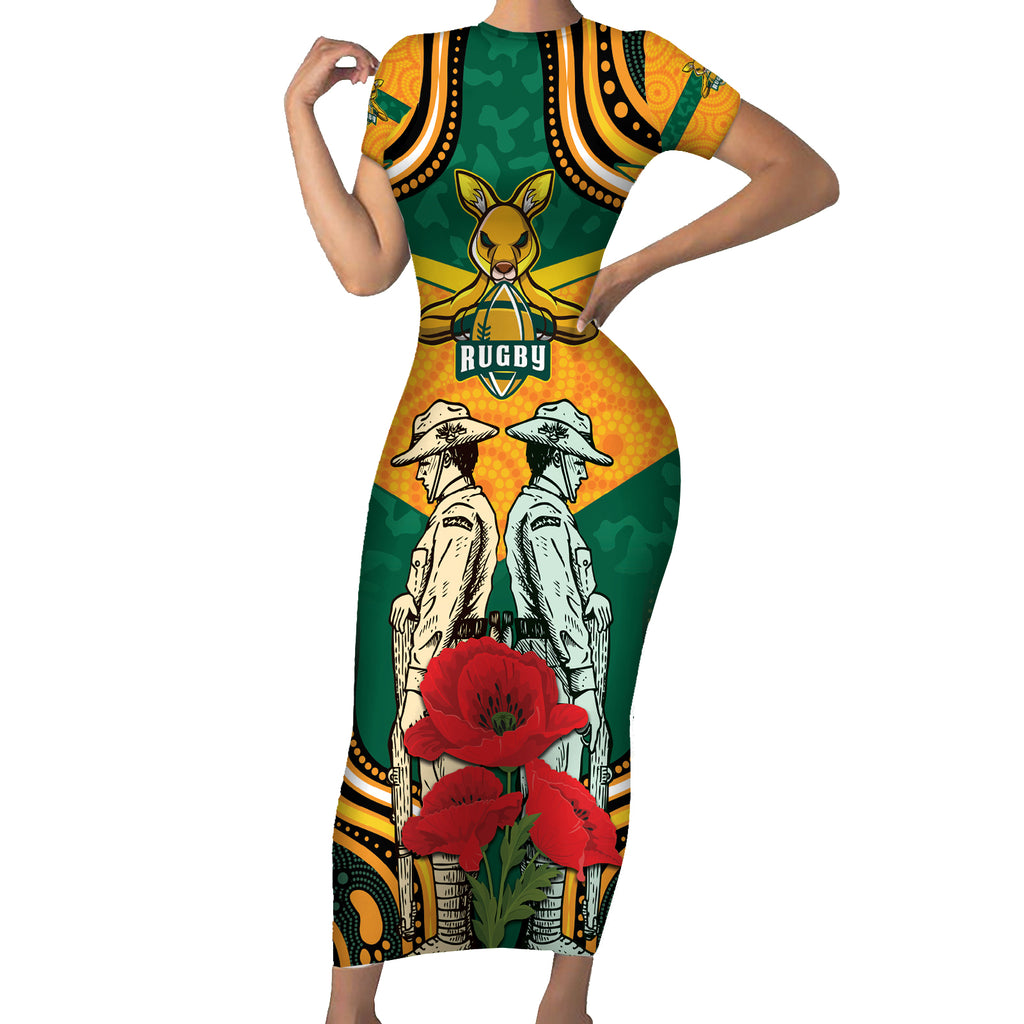 Australia Wallabies Rugby ANZAC Custom Short Sleeve Bodycon Dress Poppy Soldier With Aboriginal Dots Art