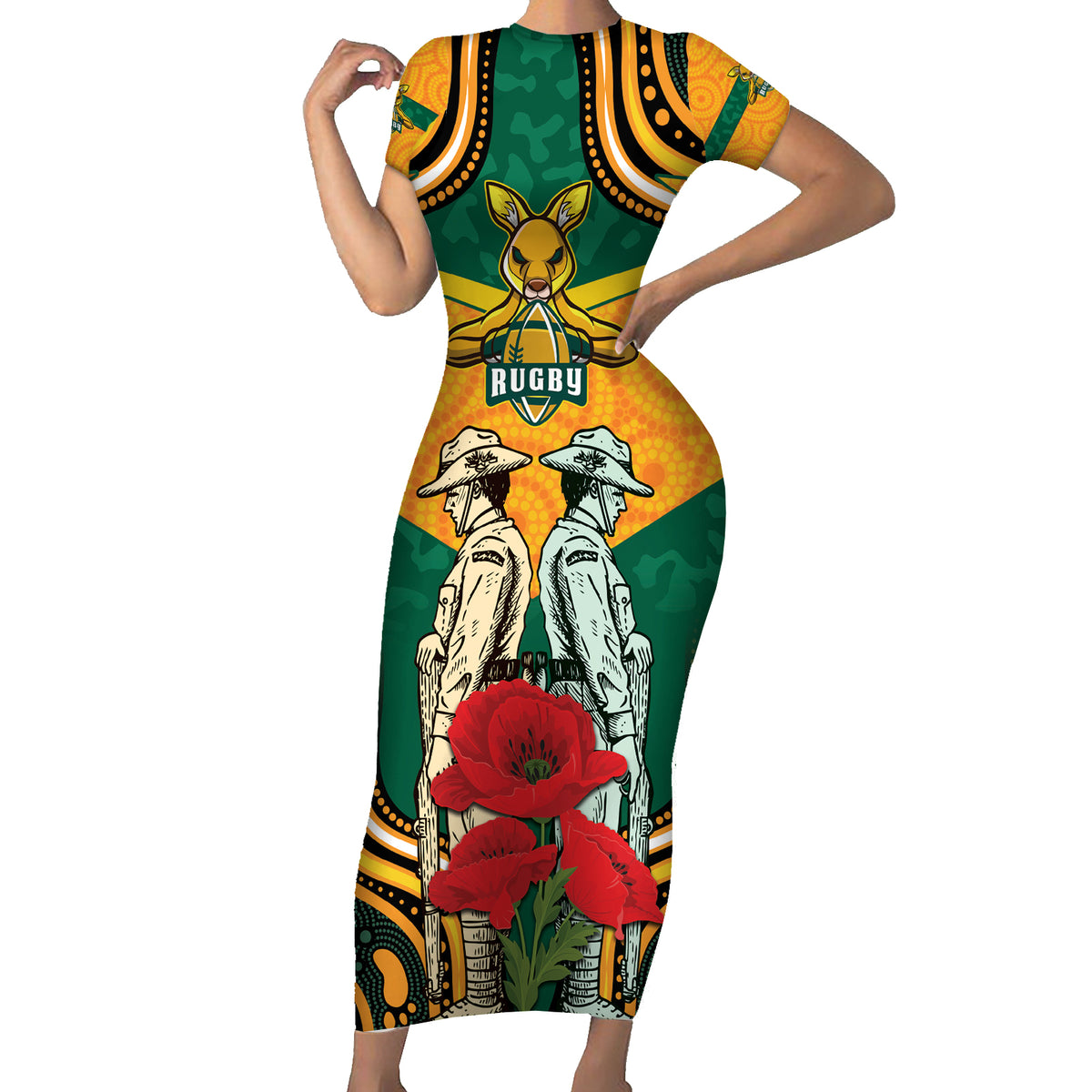 Australia Wallabies Rugby ANZAC Custom Short Sleeve Bodycon Dress Poppy Soldier With Aboriginal Dots Art