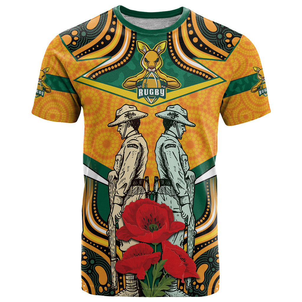 Australia Wallabies Rugby ANZAC Custom T Shirt Poppy Soldier With Aboriginal Dots Art