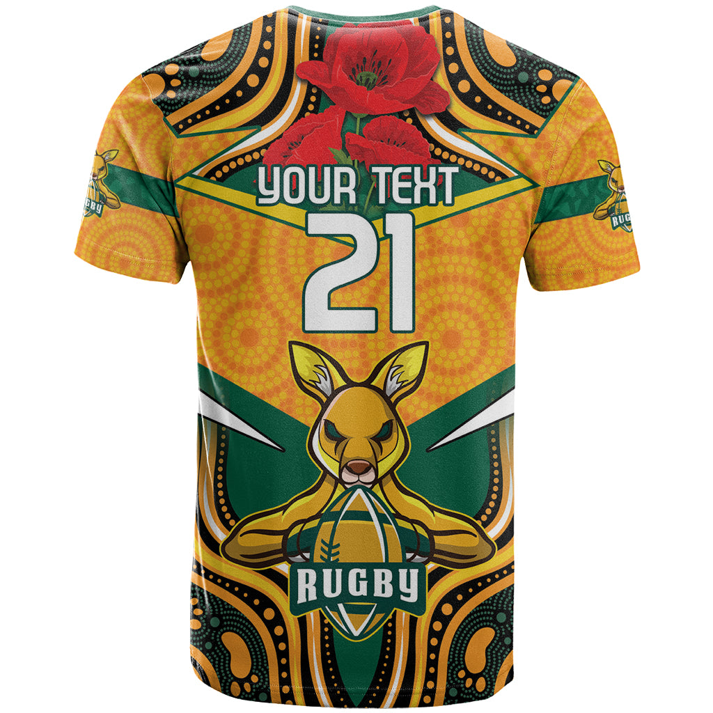 Australia Wallabies Rugby ANZAC Custom T Shirt Poppy Soldier With Aboriginal Dots Art