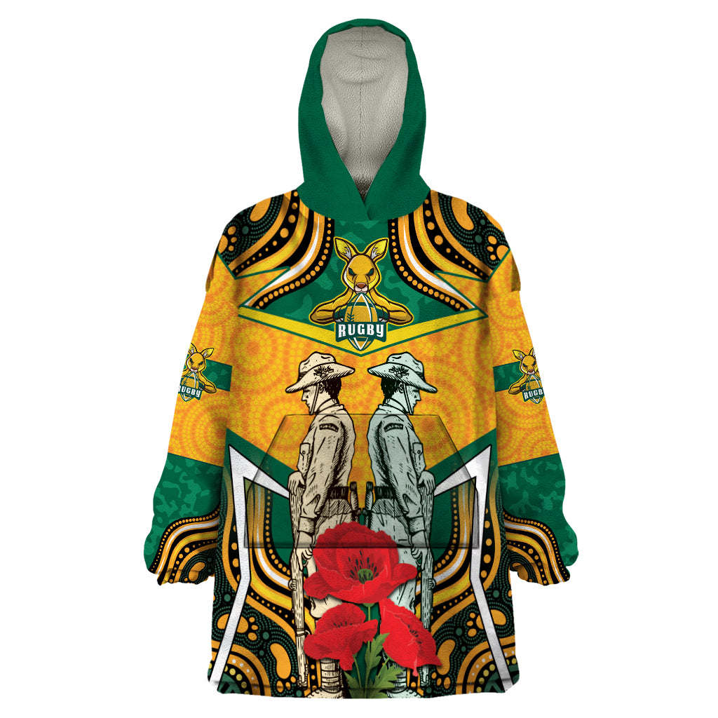 Australia Wallabies Rugby ANZAC Custom Wearable Blanket Hoodie Poppy Soldier With Aboriginal Dots Art