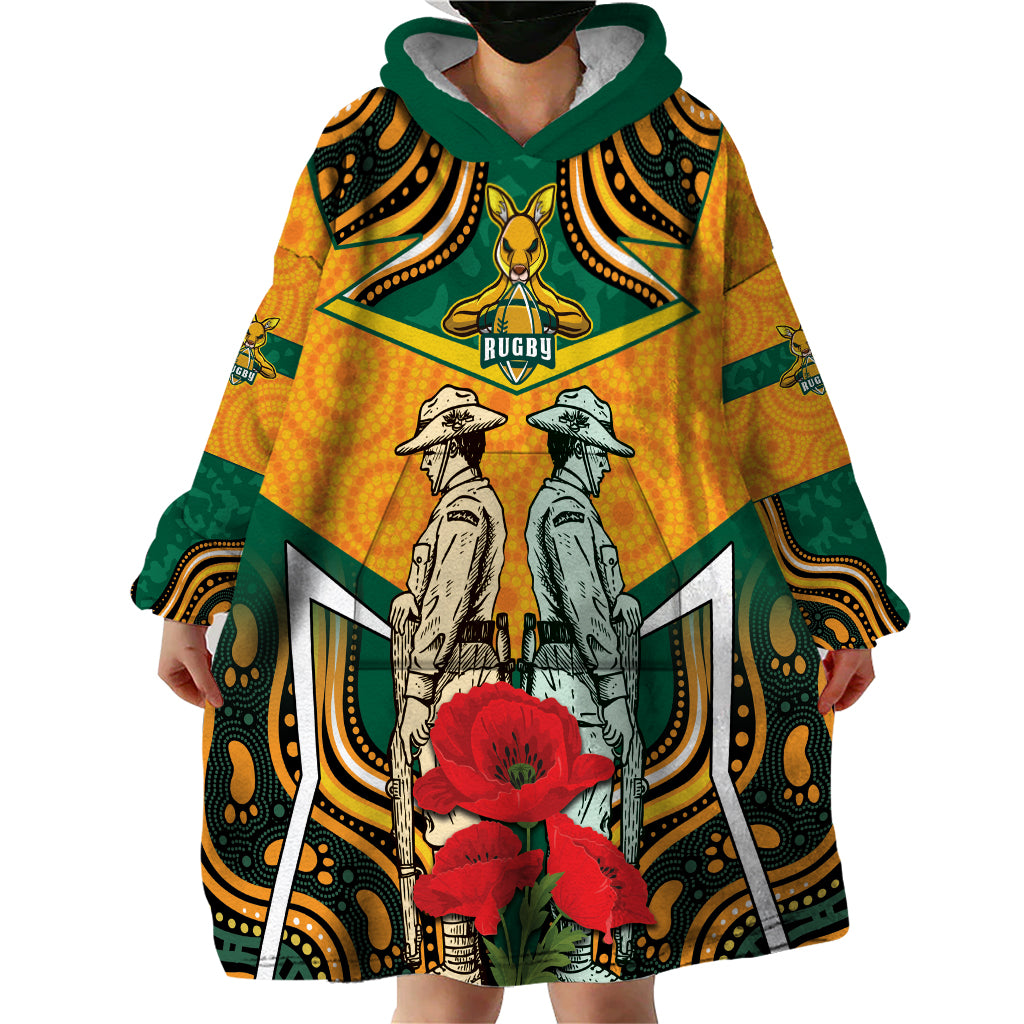 Australia Wallabies Rugby ANZAC Custom Wearable Blanket Hoodie Poppy Soldier With Aboriginal Dots Art