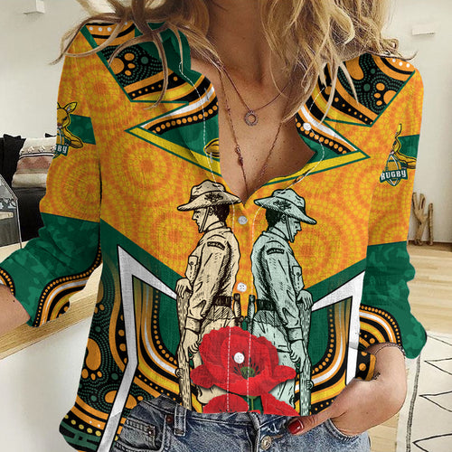 Australia Wallabies Rugby ANZAC Custom Women Casual Shirt Poppy Soldier With Aboriginal Dots Art