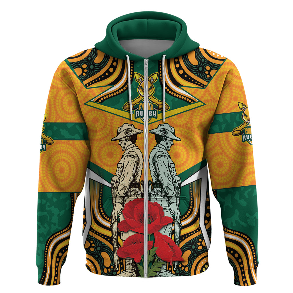 Australia Wallabies Rugby ANZAC Custom Zip Hoodie Poppy Soldier With Aboriginal Dots Art