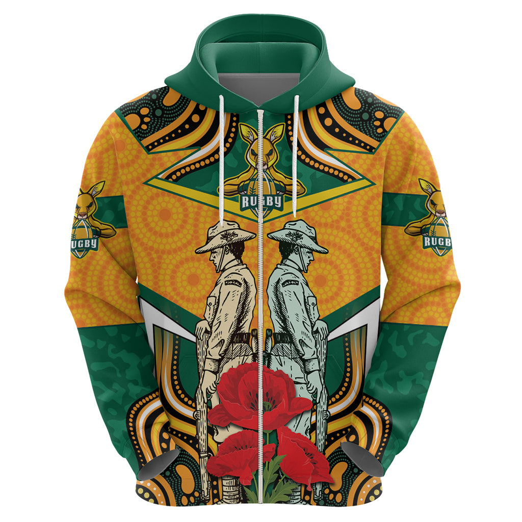 Australia Wallabies Rugby ANZAC Custom Zip Hoodie Poppy Soldier With Aboriginal Dots Art