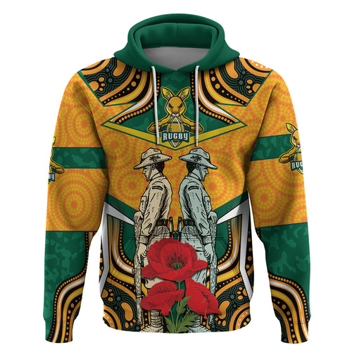Australia Wallabies Rugby ANZAC Custom Zip Hoodie Poppy Soldier With Aboriginal Dots Art