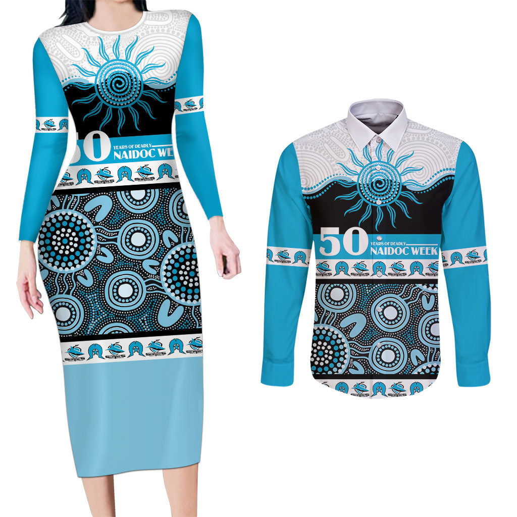 Sharks NAIDOC Week Personalised Couples Matching Long Sleeve Bodycon Dress and Long Sleeve Button Shirt Aboriginal Torres Strait Islanders Vibe