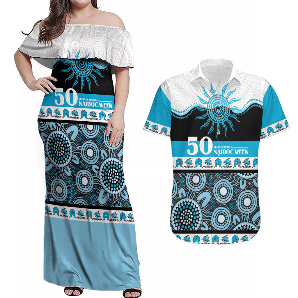 Sharks NAIDOC Week Personalised Couples Matching Off Shoulder Maxi Dress and Hawaiian Shirt Aboriginal Torres Strait Islanders Vibe