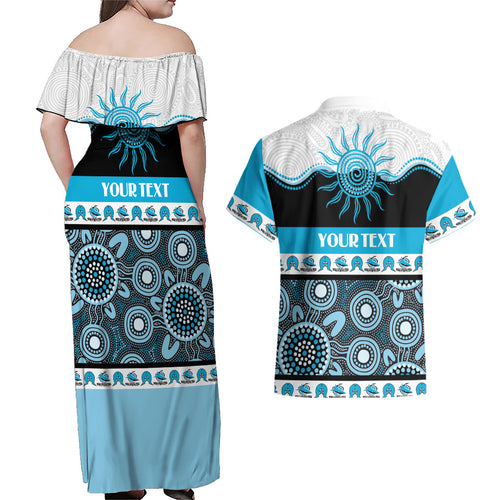 Sharks NAIDOC Week Personalised Couples Matching Off Shoulder Maxi Dress and Hawaiian Shirt Aboriginal Torres Strait Islanders Vibe