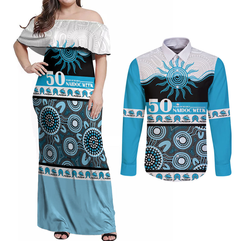 Sharks NAIDOC Week Personalised Couples Matching Off Shoulder Maxi Dress and Long Sleeve Button Shirt Aboriginal Torres Strait Islanders Vibe