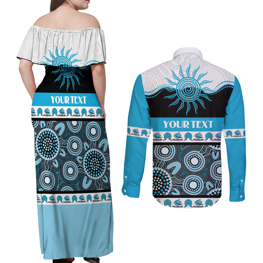 Sharks NAIDOC Week Personalised Couples Matching Off Shoulder Maxi Dress and Long Sleeve Button Shirt Aboriginal Torres Strait Islanders Vibe