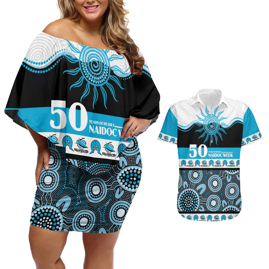 Sharks NAIDOC Week Personalised Couples Matching Off Shoulder Short Dress and Hawaiian Shirt Aboriginal Torres Strait Islanders Vibe