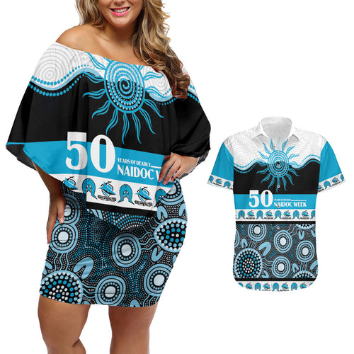 Sharks NAIDOC Week Personalised Couples Matching Off Shoulder Short Dress and Hawaiian Shirt Aboriginal Torres Strait Islanders Vibe