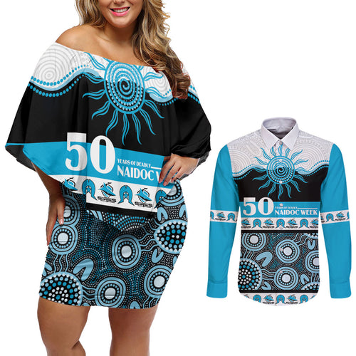 Sharks NAIDOC Week Personalised Couples Matching Off Shoulder Short Dress and Long Sleeve Button Shirt Aboriginal Torres Strait Islanders Vibe