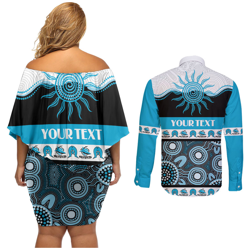 Sharks NAIDOC Week Personalised Couples Matching Off Shoulder Short Dress and Long Sleeve Button Shirt Aboriginal Torres Strait Islanders Vibe