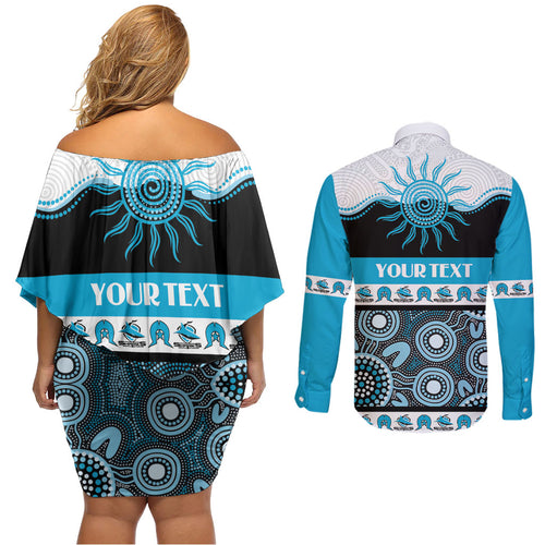 Sharks NAIDOC Week Personalised Couples Matching Off Shoulder Short Dress and Long Sleeve Button Shirt Aboriginal Torres Strait Islanders Vibe