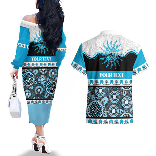 Sharks NAIDOC Week Personalised Couples Matching Off The Shoulder Long Sleeve Dress and Hawaiian Shirt Aboriginal Torres Strait Islanders Vibe