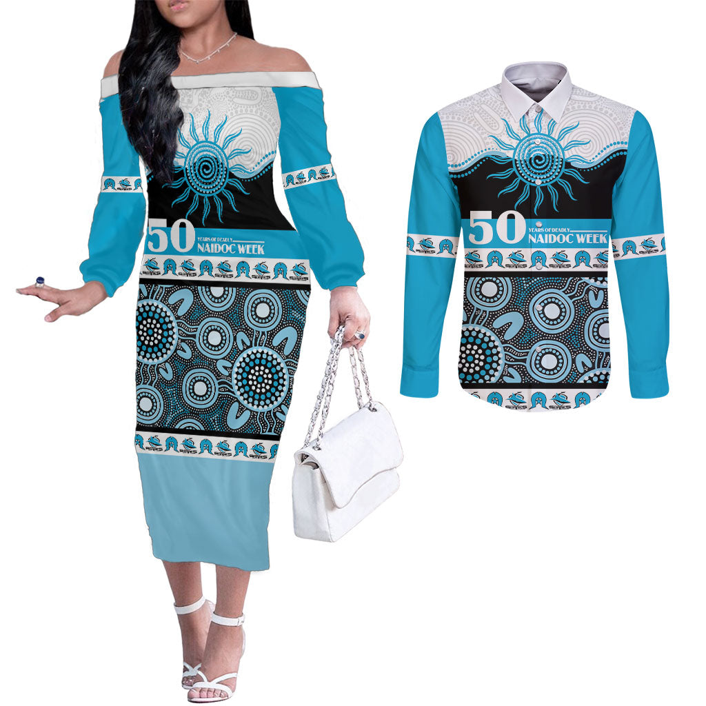 Sharks NAIDOC Week Personalised Couples Matching Off The Shoulder Long Sleeve Dress and Long Sleeve Button Shirt Aboriginal Torres Strait Islanders Vibe