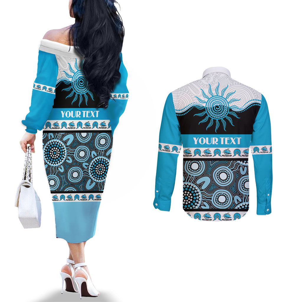 Sharks NAIDOC Week Personalised Couples Matching Off The Shoulder Long Sleeve Dress and Long Sleeve Button Shirt Aboriginal Torres Strait Islanders Vibe