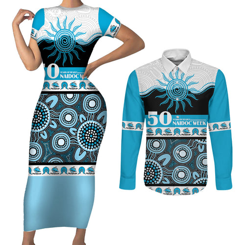 Sharks NAIDOC Week Personalised Couples Matching Short Sleeve Bodycon Dress and Long Sleeve Button Shirt Aboriginal Torres Strait Islanders Vibe