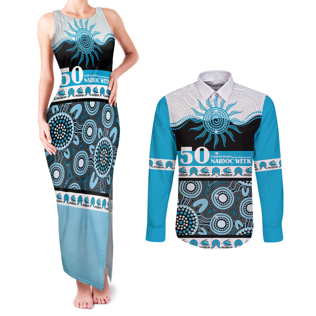 Sharks NAIDOC Week Personalised Couples Matching Tank Maxi Dress and Long Sleeve Button Shirt Aboriginal Torres Strait Islanders Vibe