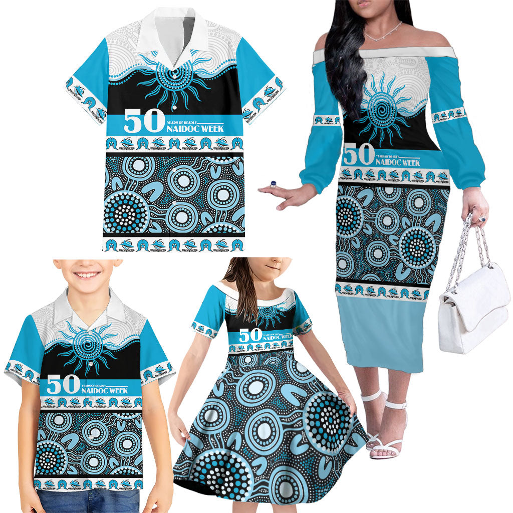 Sharks NAIDOC Week Personalised Family Matching Off The Shoulder Long Sleeve Dress and Hawaiian Shirt Aboriginal Torres Strait Islanders Vibe