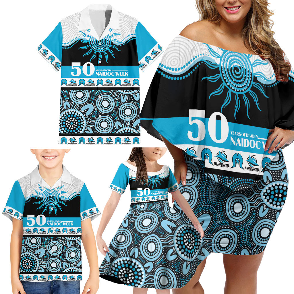 Sharks NAIDOC Week Personalised Family Matching Off Shoulder Short Dress and Hawaiian Shirt Aboriginal Torres Strait Islanders Vibe