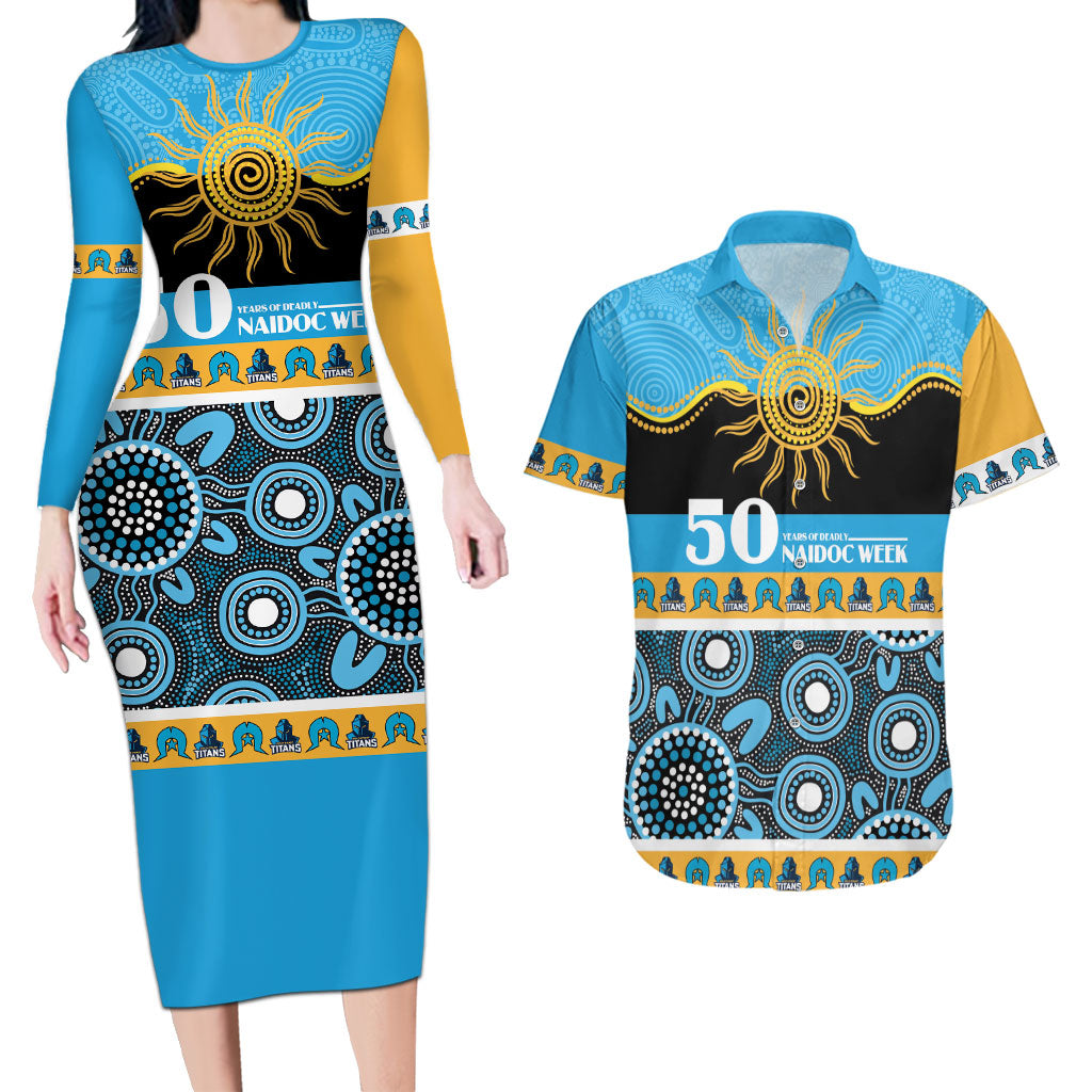 Titans NAIDOC Week Personalised Couples Matching Long Sleeve Bodycon Dress and Hawaiian Shirt Aboriginal Torres Strait Islanders Vibe