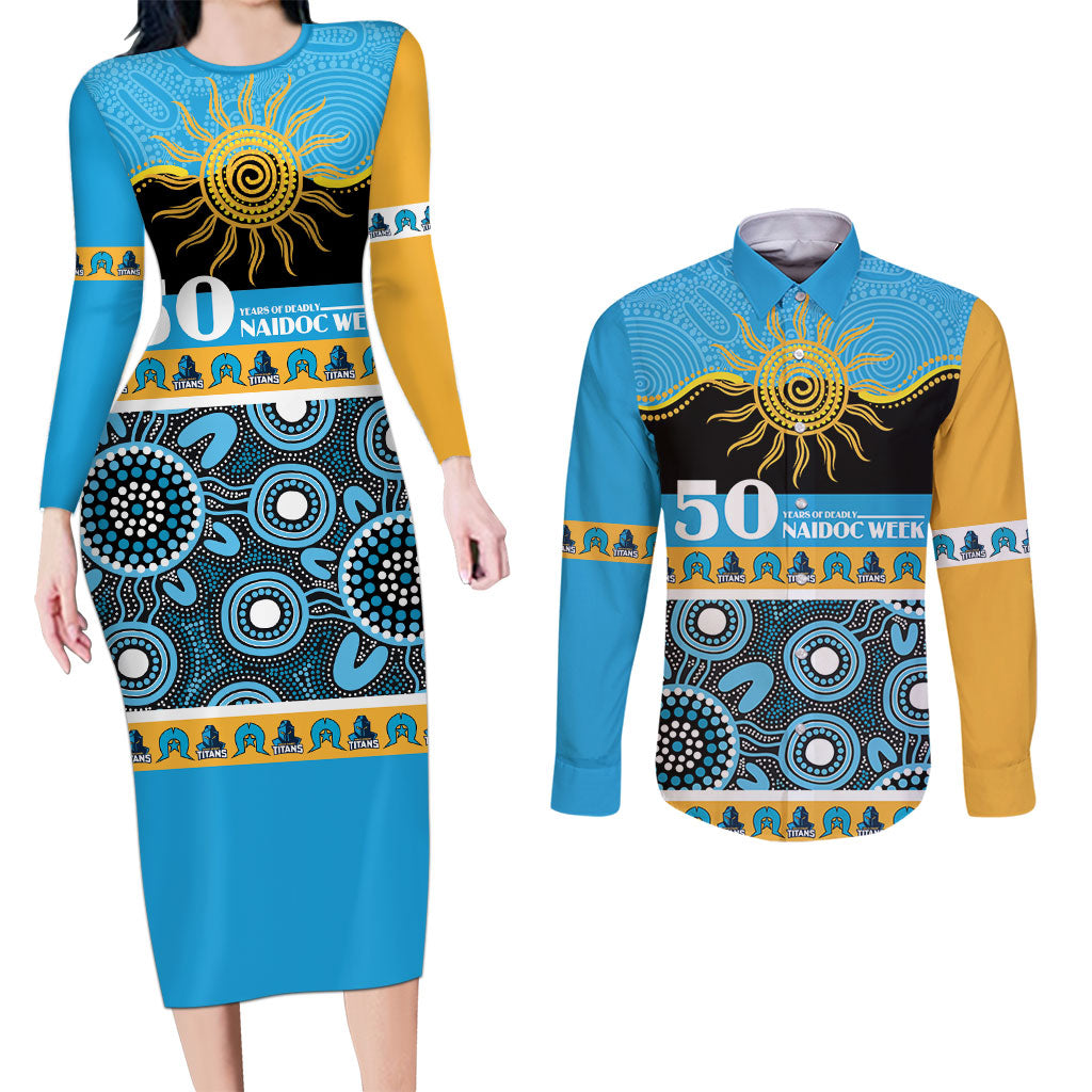 Titans NAIDOC Week Personalised Couples Matching Long Sleeve Bodycon Dress and Long Sleeve Button Shirt Aboriginal Torres Strait Islanders Vibe