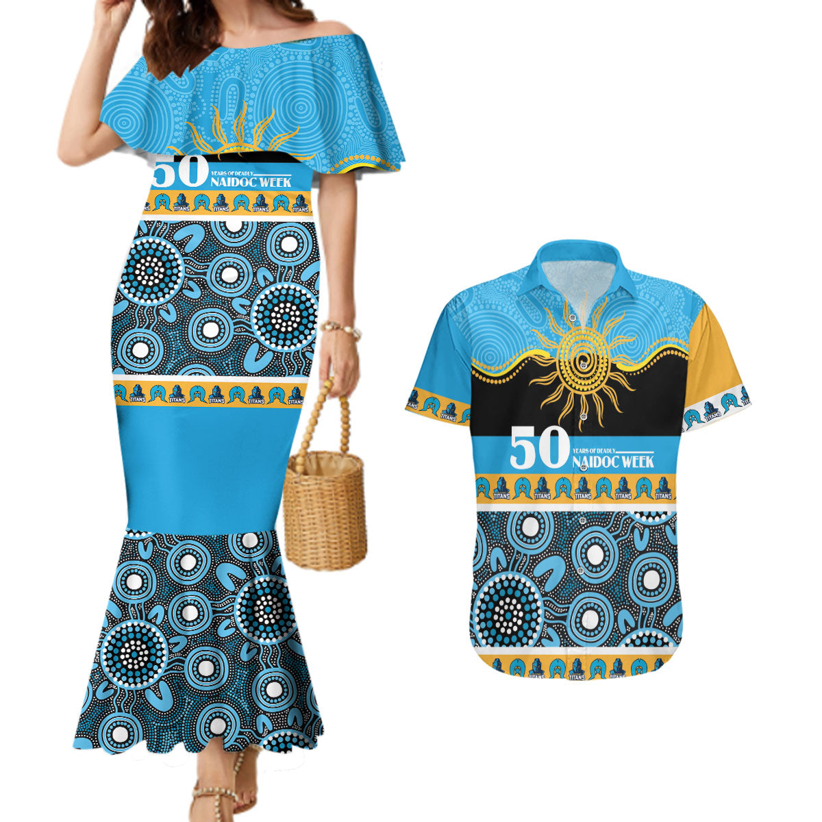 Titans NAIDOC Week Personalised Couples Matching Mermaid Dress and Hawaiian Shirt Aboriginal Torres Strait Islanders Vibe