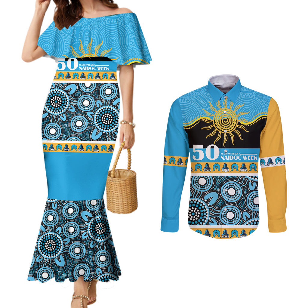 Titans NAIDOC Week Personalised Couples Matching Mermaid Dress and Long Sleeve Button Shirt Aboriginal Torres Strait Islanders Vibe