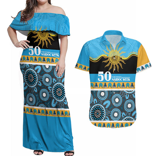 Titans NAIDOC Week Personalised Couples Matching Off Shoulder Maxi Dress and Hawaiian Shirt Aboriginal Torres Strait Islanders Vibe