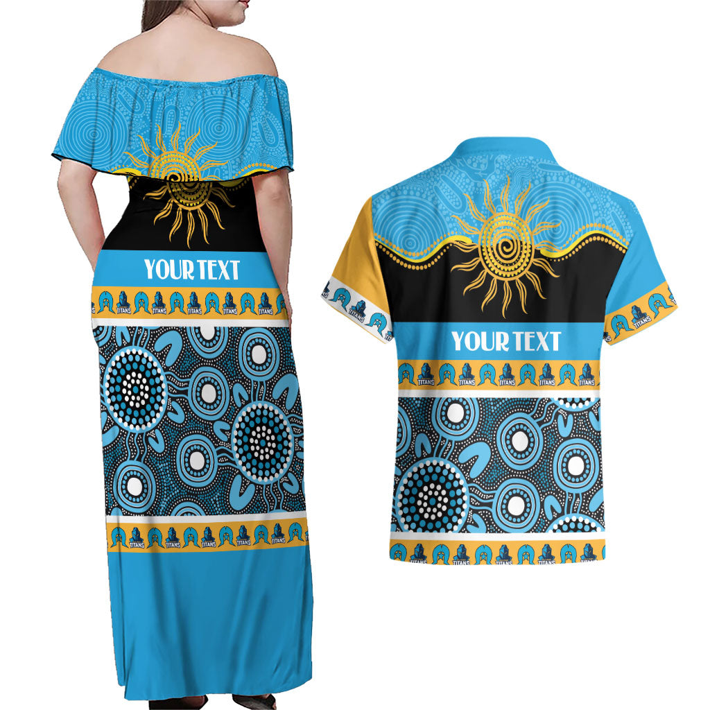 Titans NAIDOC Week Personalised Couples Matching Off Shoulder Maxi Dress and Hawaiian Shirt Aboriginal Torres Strait Islanders Vibe
