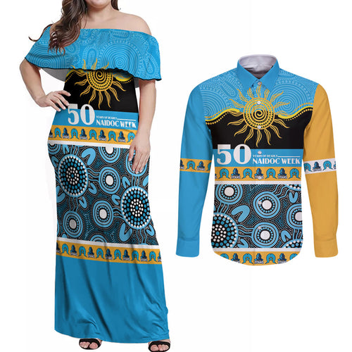 Titans NAIDOC Week Personalised Couples Matching Off Shoulder Maxi Dress and Long Sleeve Button Shirt Aboriginal Torres Strait Islanders Vibe