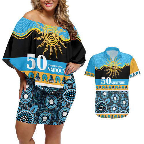 Titans NAIDOC Week Personalised Couples Matching Off Shoulder Short Dress and Hawaiian Shirt Aboriginal Torres Strait Islanders Vibe