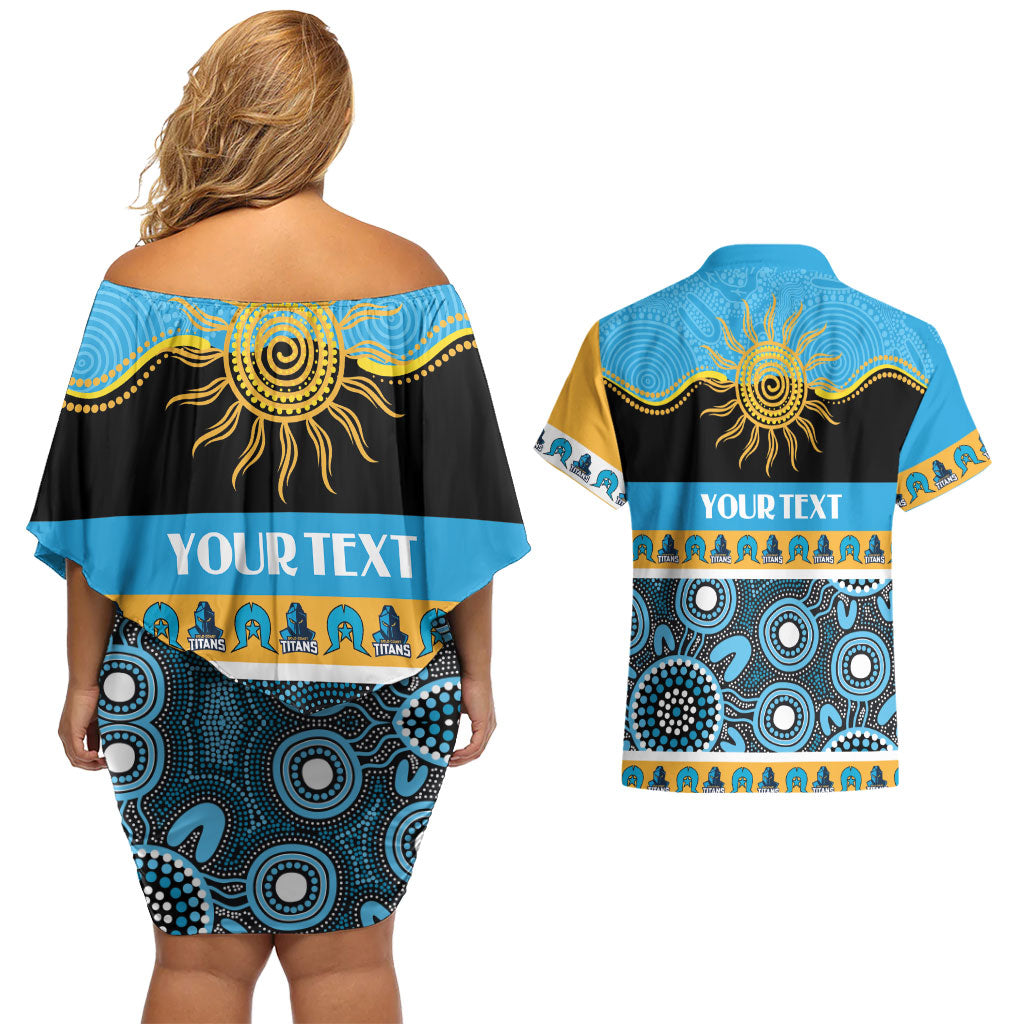 Titans NAIDOC Week Personalised Couples Matching Off Shoulder Short Dress and Hawaiian Shirt Aboriginal Torres Strait Islanders Vibe