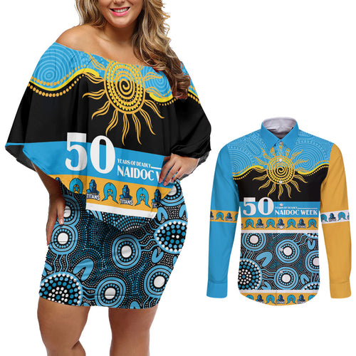 Titans NAIDOC Week Personalised Couples Matching Off Shoulder Short Dress and Long Sleeve Button Shirt Aboriginal Torres Strait Islanders Vibe