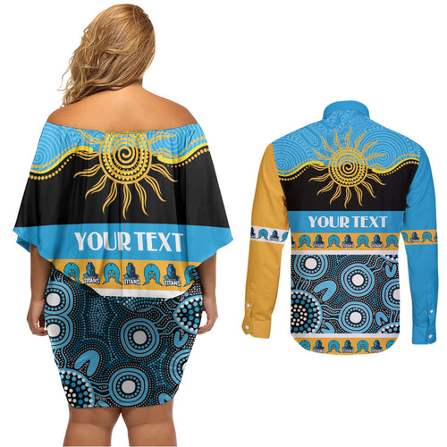 Titans NAIDOC Week Personalised Couples Matching Off Shoulder Short Dress and Long Sleeve Button Shirt Aboriginal Torres Strait Islanders Vibe