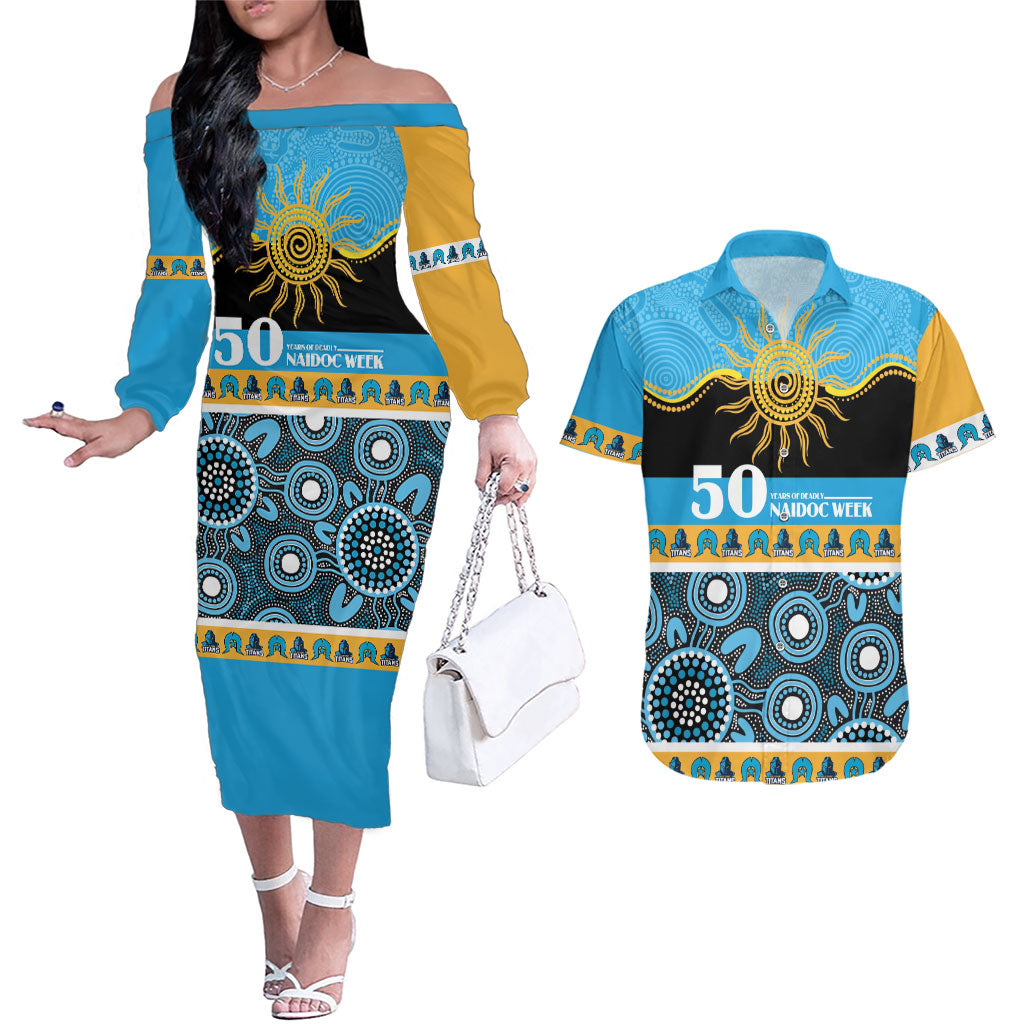 Titans NAIDOC Week Personalised Couples Matching Off The Shoulder Long Sleeve Dress and Hawaiian Shirt Aboriginal Torres Strait Islanders Vibe