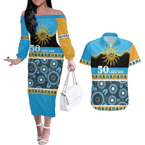 Titans NAIDOC Week Personalised Couples Matching Off The Shoulder Long Sleeve Dress and Hawaiian Shirt Aboriginal Torres Strait Islanders Vibe